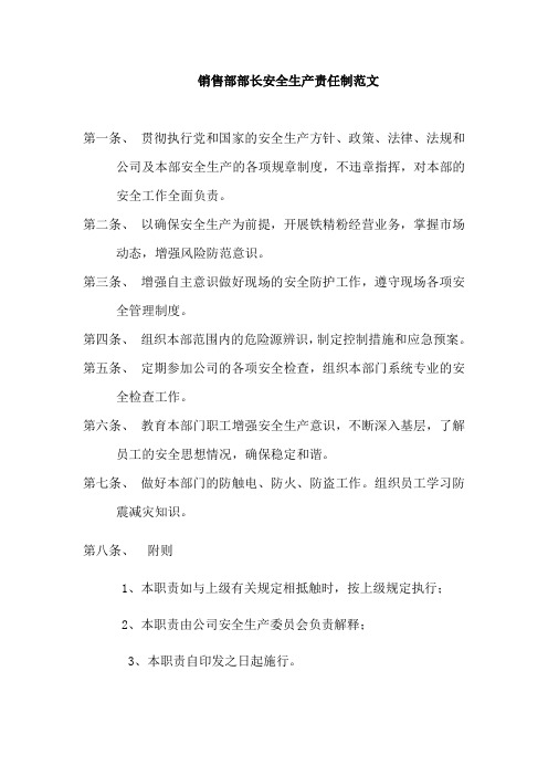 销售部部长安全生产责任制范文
