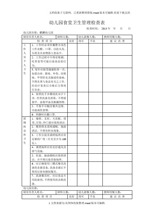 幼儿园食堂卫生管理检查表