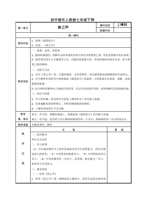 人教版七年级音乐下册全册表格教案(教学设计)