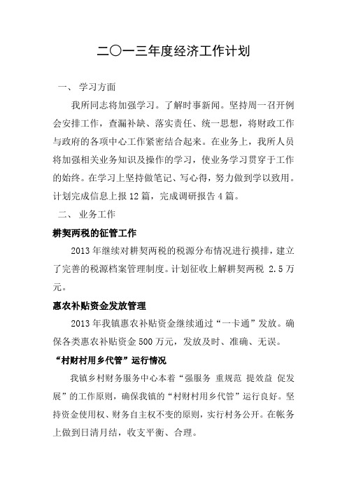 2013经济工作计划