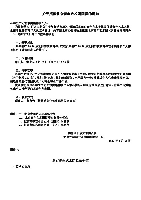 北京青年艺术团团员(个人)报名表