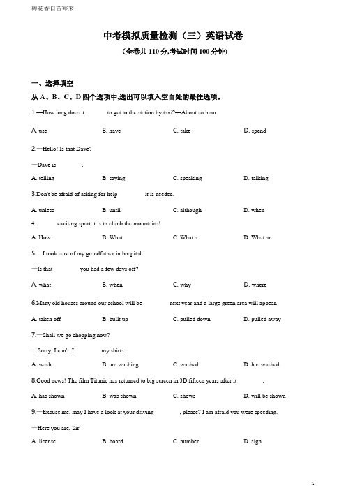 中考三模英语试题(原卷版)