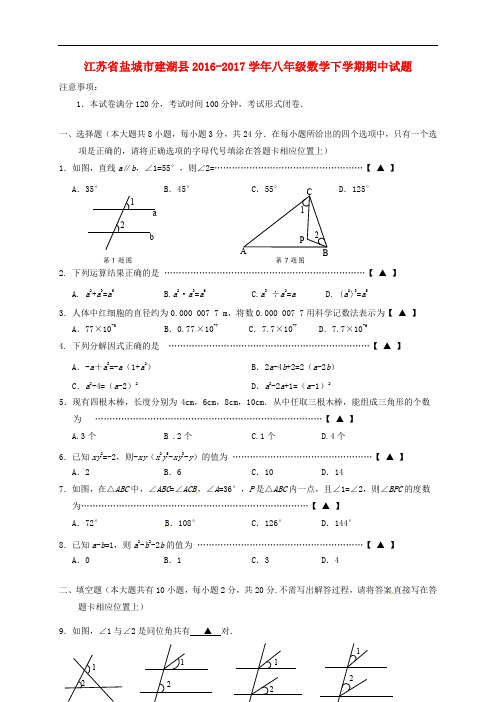江苏省盐城市建湖县八年级数学下学期期中试题 苏科版