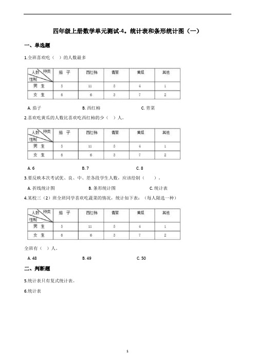 四年级上册数学试题-4.统计表和条形统计图(一) 苏教版(含答案)