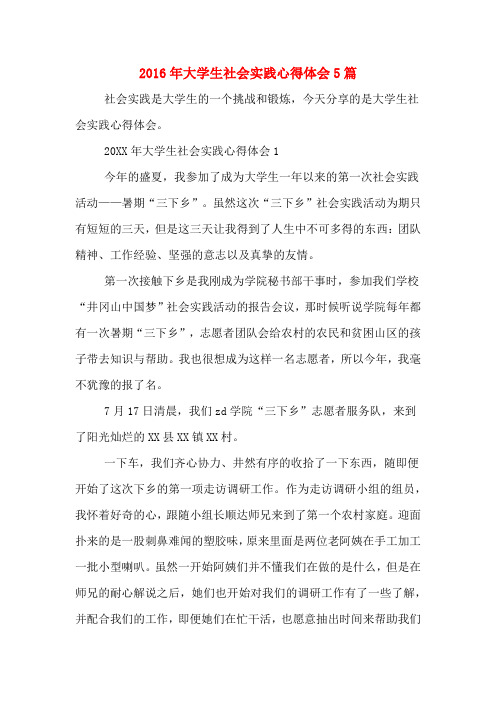 2016年大学生社会实践心得体会5篇
