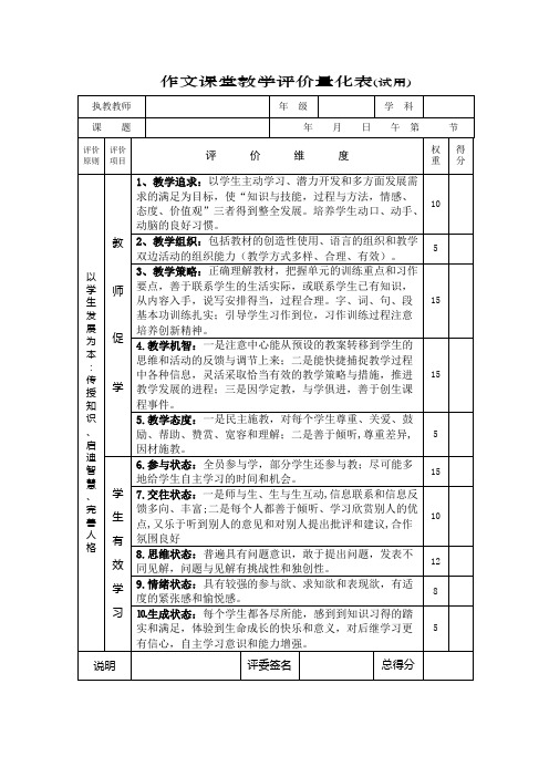 作文课堂教学评价量化表
