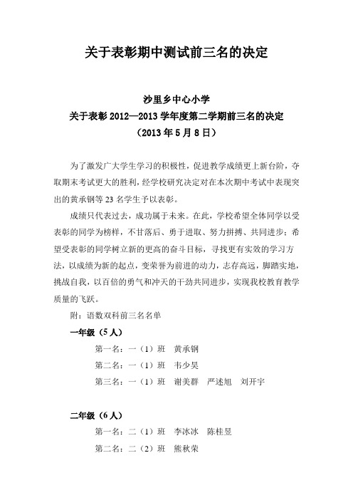 关于表彰期中测试前三名的决定