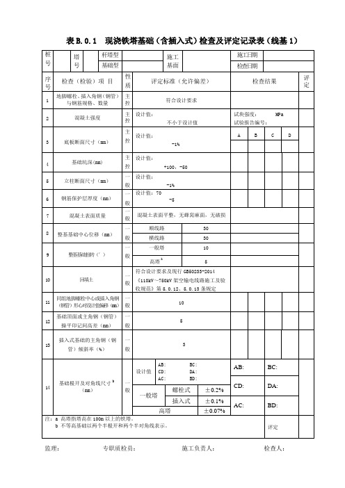 B.0.1 现浇铁塔基础(含插入式)检查及评定记录表(线基1)