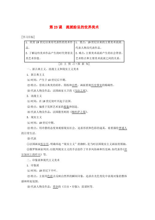 高中历史第8单元19世纪以来的世界文学艺术第23课流派纷呈的世界美术学案北师大版必修3word格式
