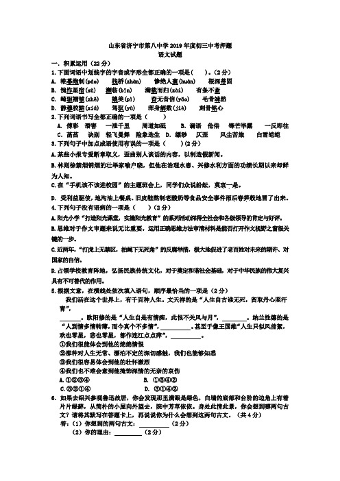 2019山东济宁八中初三中考语文最后20天押题