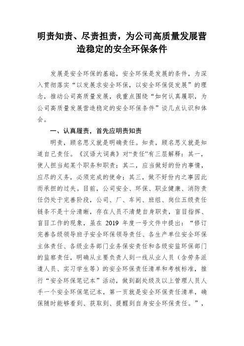 明责知责、尽责担责,为公司高质量发展营造稳定的安全环保条件