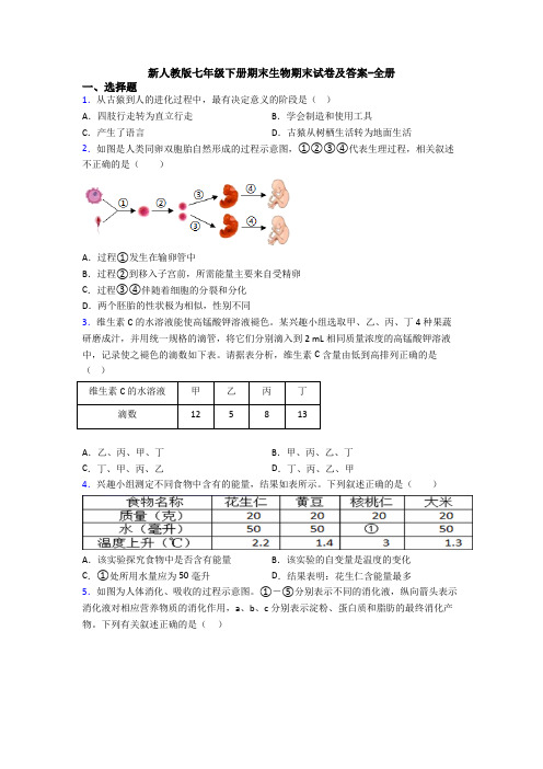 新人教版七年级下册期末生物期末试卷及答案-全册