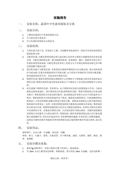实验报告-蔬菜叶中色素的提取及分离