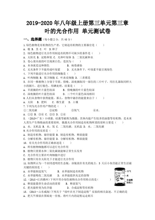 2019-2020年八年级上册第三单元第三章  叶的光合作用 单元测试卷
