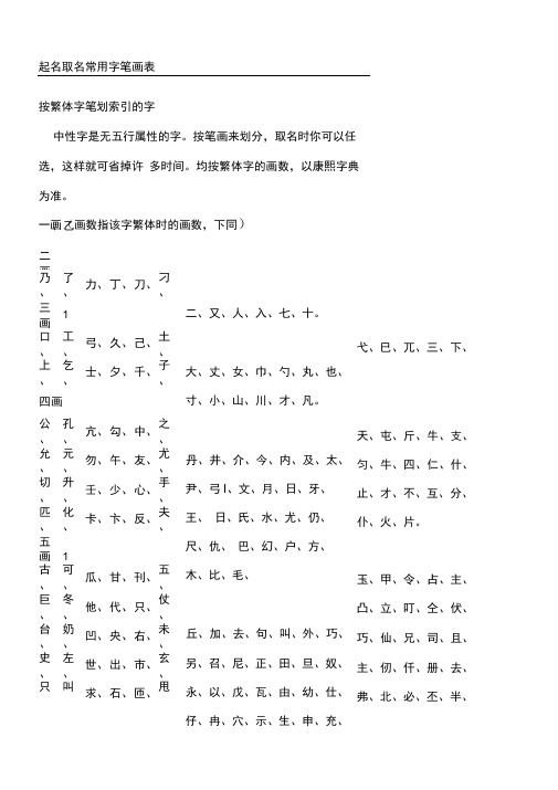 起名取名常用字笔画表格模板繁体字