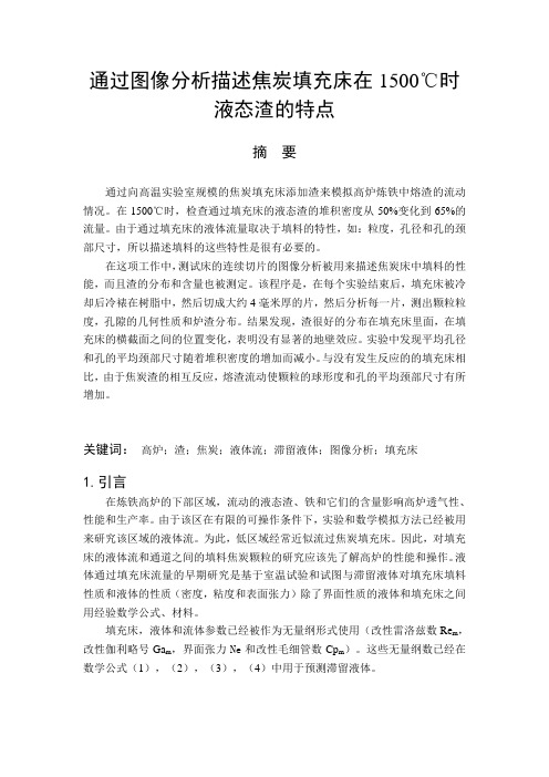 通过图像分析描述焦炭填充床在1500℃时液态渣的特点