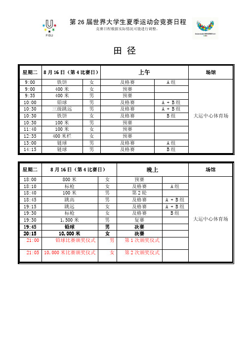 田径 2011第26届世界大运会竞赛日程