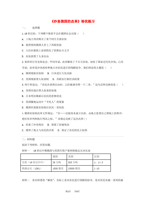 九年级历史上册第六单元资本主义的扩张第21课沙皇俄国的改革培优练习中华书局版