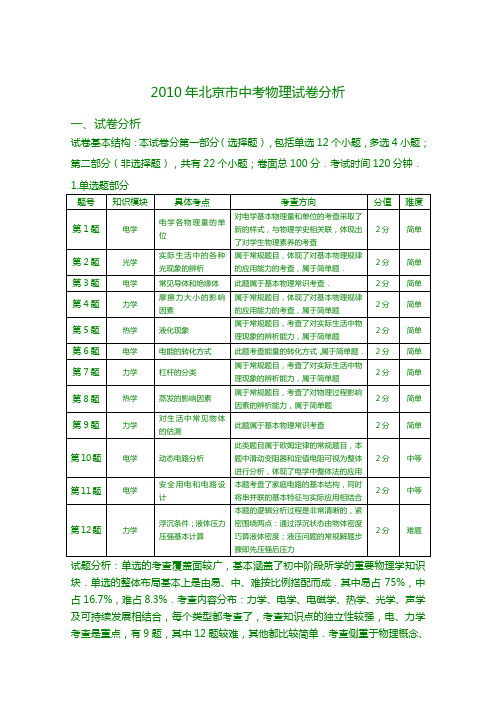 2010年北京市中考物理试卷分析