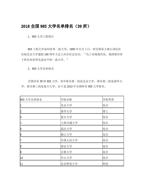 2018全国985大学名单排名(39所)