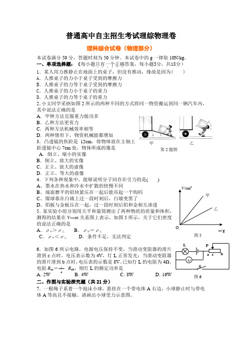 普通高中自主招生考试理综物理卷