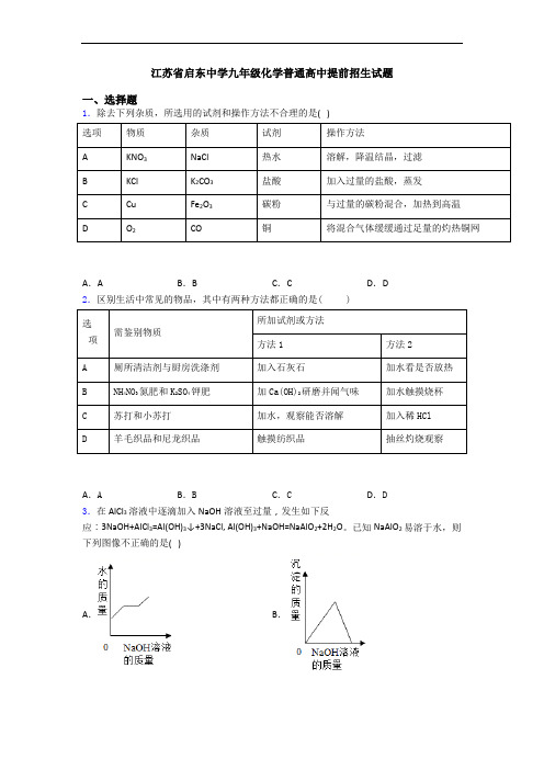 江苏省启东中学九年级化学普通高中提前招生试题