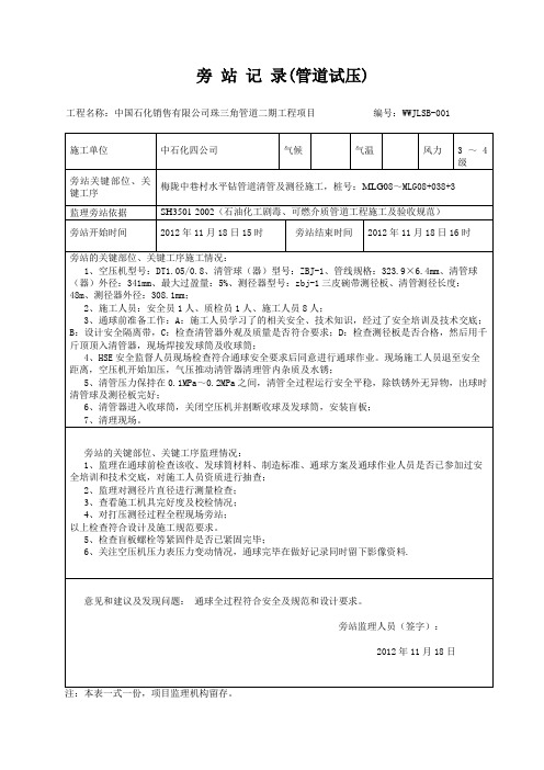 二标段管道试压监理旁站记录