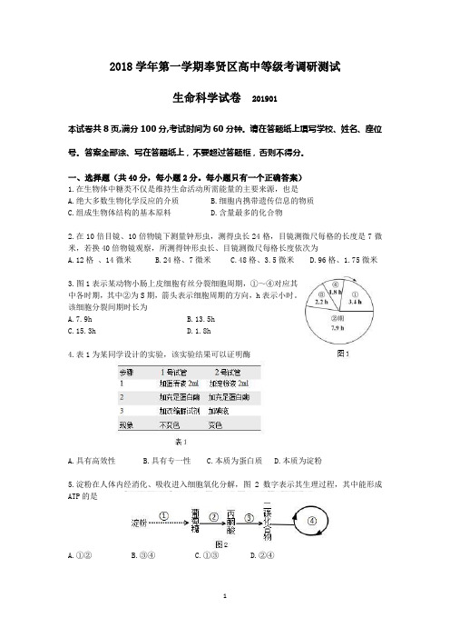 上海市奉贤区2018学年第一学期高中等级考调研测试 生命科学