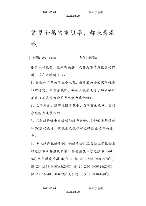 常用金属的电阻率之欧阳法创编