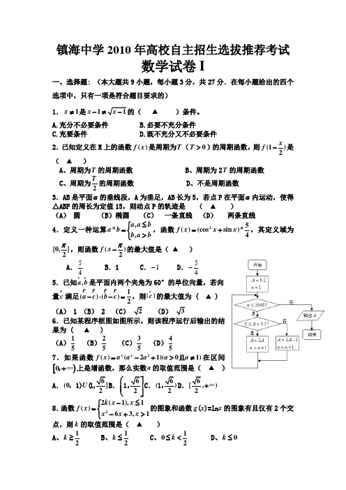 镇海中学2010年高校自主招生选拔推荐数学考试