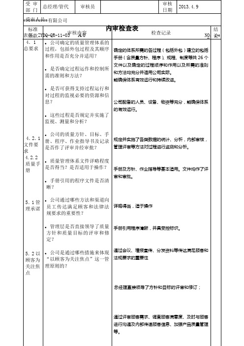 内审检查表-总经理、管代