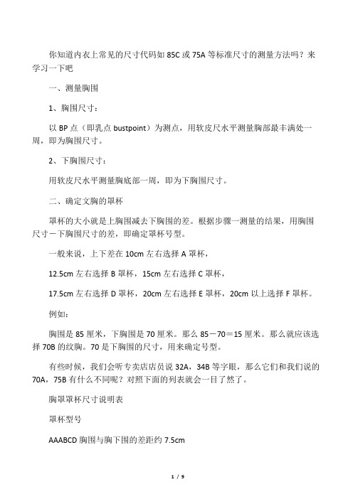内衣上常见尺寸代码