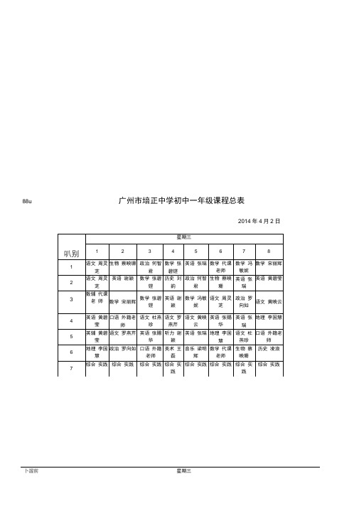 广州市培正中学初中一年级课程总表
