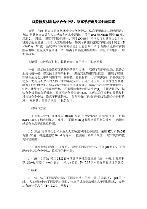 口腔修复材料钴铬合金中钴、铬离子析出及其影响因素