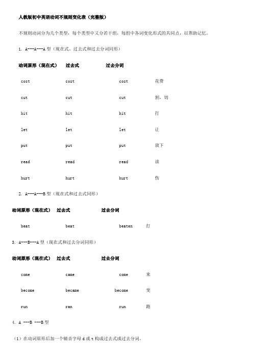 人教版初中英语动词不规则变化表(完整版)