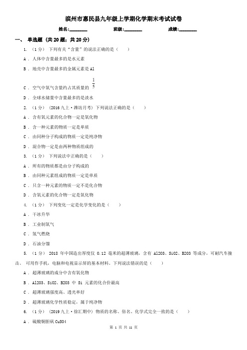 滨州市惠民县九年级上学期化学期末考试试卷