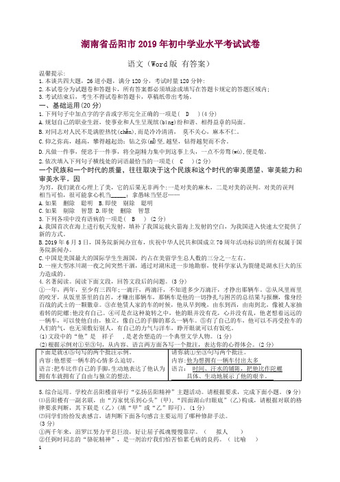 湖南省岳阳市2019年中考语文试题(有答案).docx