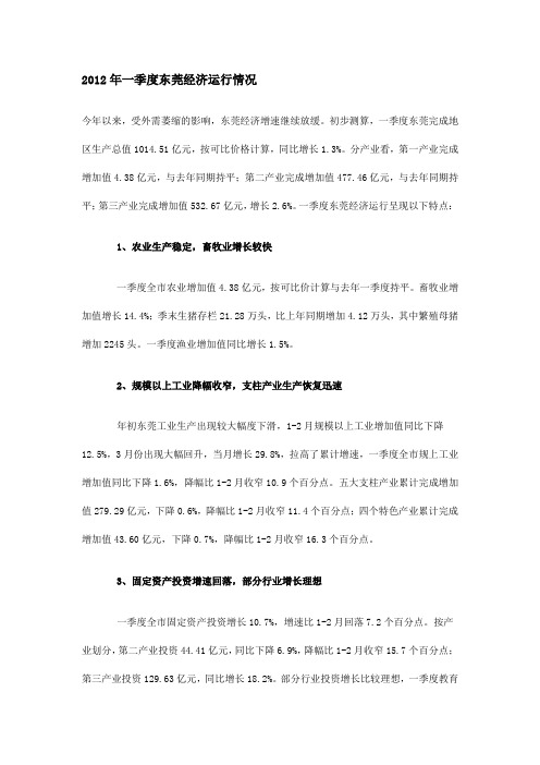 2012年一季度东莞经济运行情况