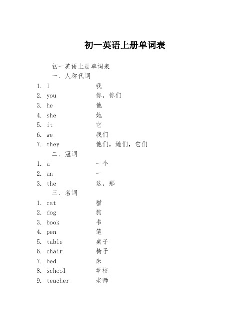 初一英语上册单词表