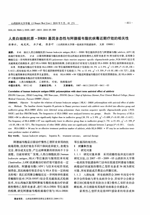 人类白细胞抗原-DRB1基因多态性与阿德福韦酯抗病毒近期疗效的相关性