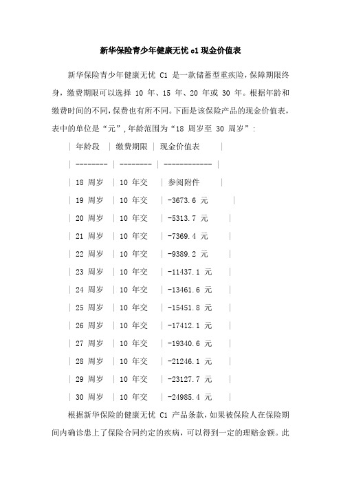 新华保险青少年健康无忧c1现金价值表