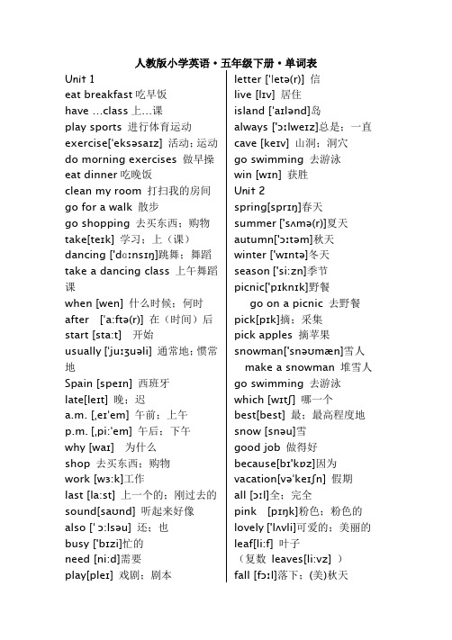 人教版pep小学英语五年级下册单词表(带音标)