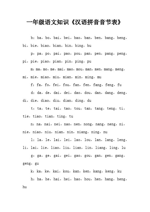 一年级语文知识《汉语拼音音节表》