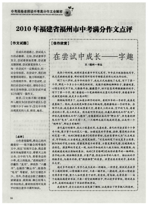 2010年福建省福州市中考满分作文点评