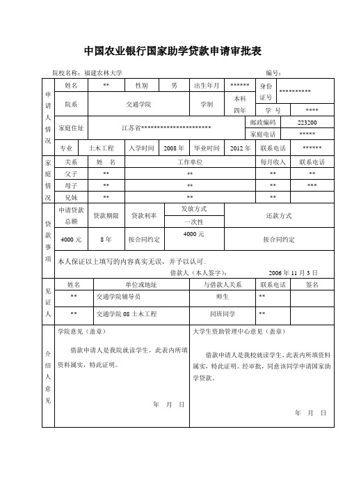国家助学贷款申请审批表(样表)