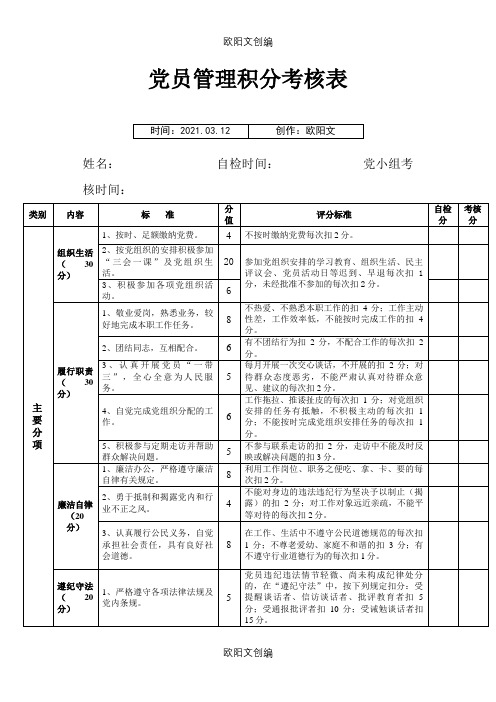 党员管理积分考核表之欧阳文创编