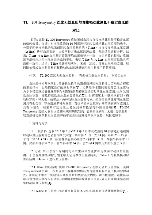 TL—200 Tensymetry连续无创血压与直接桡动脉测量不稳定血压的对比