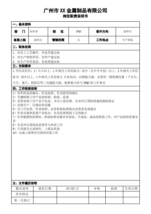 品质部岗位说明书(IPQC)