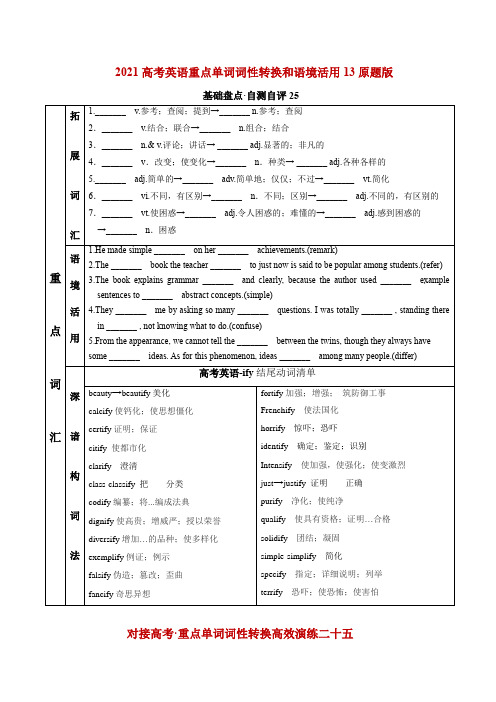 2021高考英语重点单词词性转换和语境活用13(原题版)