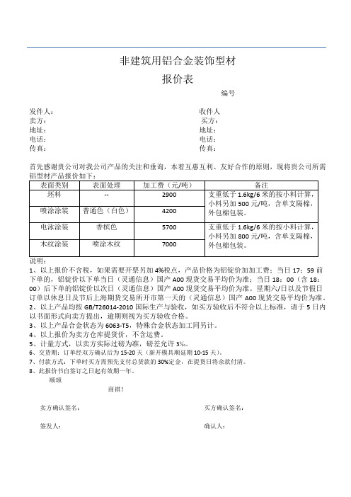 铝型材加工报价表(加工合同)